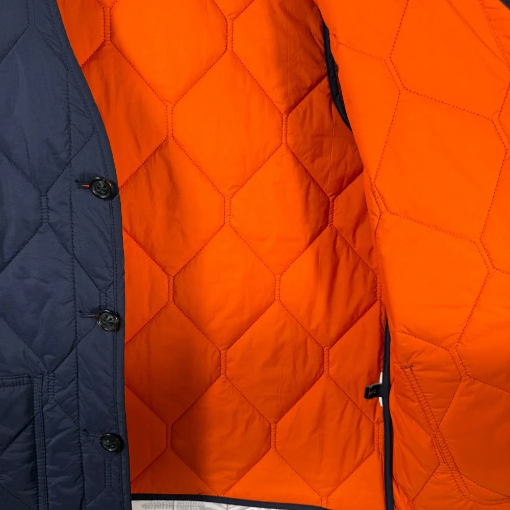 Jack Spade New York Mens Quilted Vest Navy Blue Orange Lining Medium Hexagon